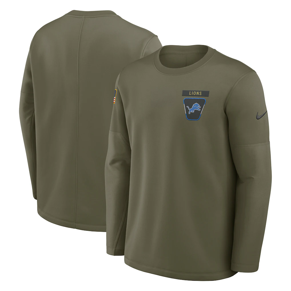 Men's Detroit Lions Olive 2025 Salute to Service Sideline Coaches Therma-FIT Long Sleeve Shirt Men's Detroit Lions Olive 2025 Salute to Service Sideline Coaches Therma-FIT Long Sleeve Shirt